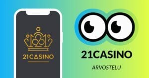 Kuvassa vasemmalla 21Casinon logo älypuhelimen näytöllä ja vasemmalla isot pyöreät pallosilmät, jotka katsovat älypuhelimen suuntaan. Silmien alla teksti: 21Casino arvostelu. Tausta on raikkaan sini-vihreä.