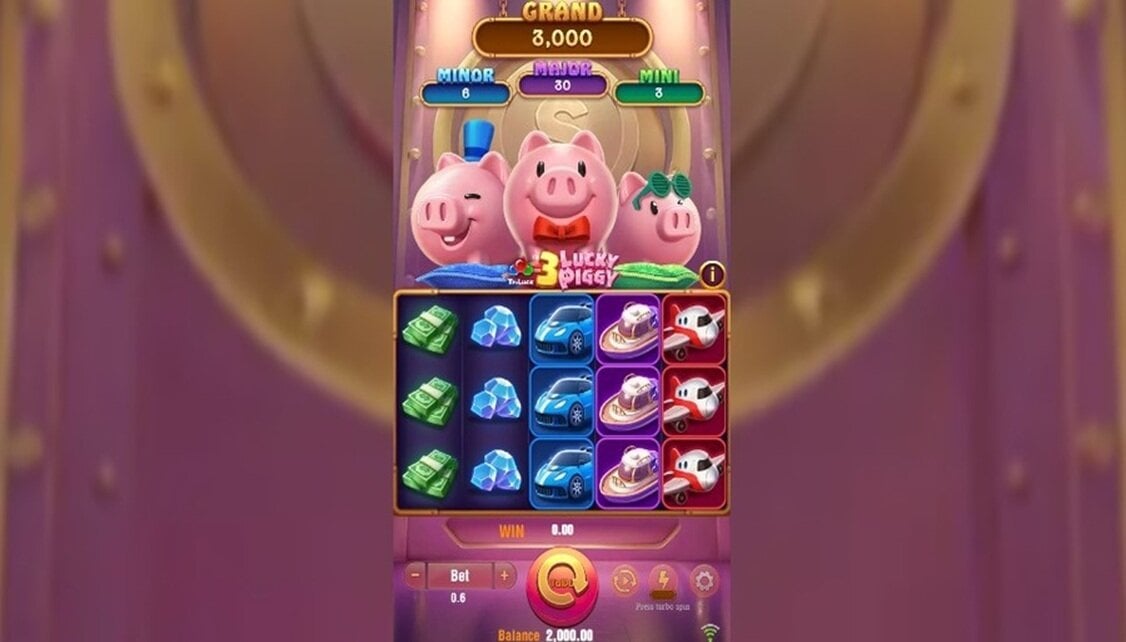 A still from 3 Lucky Piggy showing its bank vault reel design and the three piggy jackpot characters.