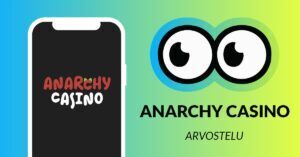 Kuvassa vasemmalla on älypuhelimen näytöllä Anarchy Casinon logo, ja vasemmalla Slotsoon isot pyöreät pallosilmät, jotka katsovat älypuhelimen suuntaan. Silmien alla teksti: Anarchy Casino arvostelu. Kuvan tausta on raikkaan sini-vihreä.