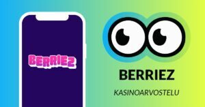 Berriez Casinon kasinoarvostelukuvassa Slotsoon suuret silmät katsovat vasemmalle kohti puhelimen ruutua, jossa näkyy Berriez Casinon logo. Taustaväritys on liukuvärjätty sini-vihreä.
