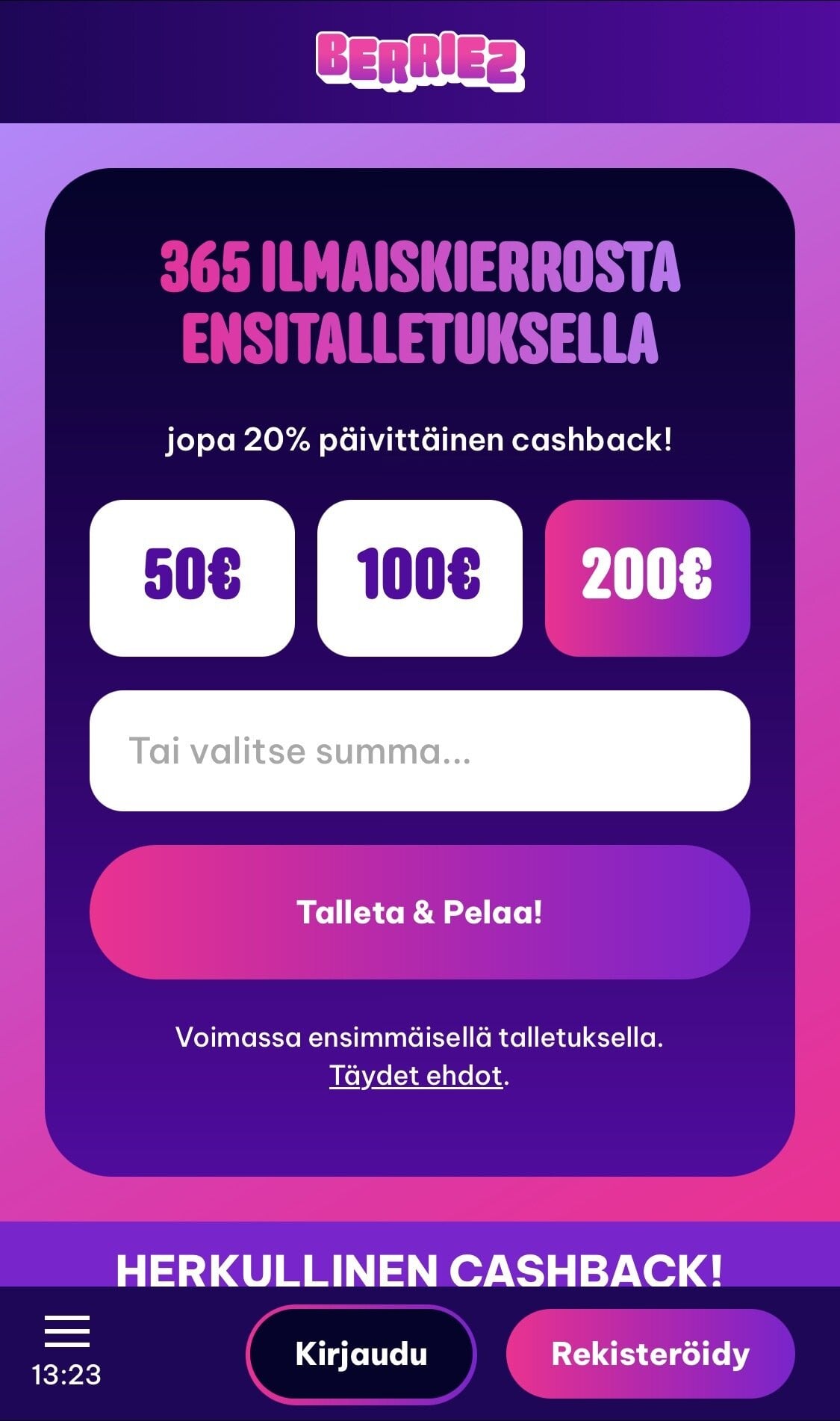 Kuvakaappaus Berriez Casinon maksusivusta, pikatalletus verkkopankkitunnuksilla