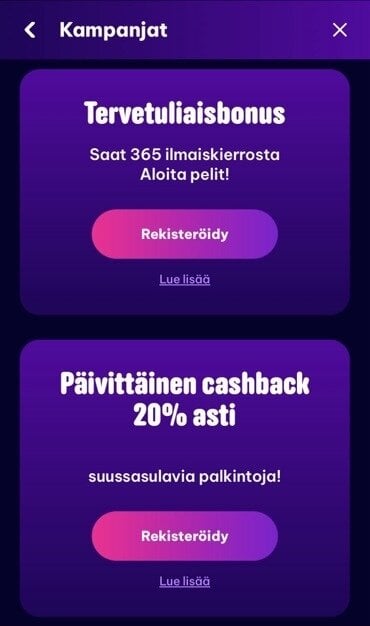 Kuvakaappaus Berriez Casinon tervetulotarjouksesta ja cashback-tarjouksesta