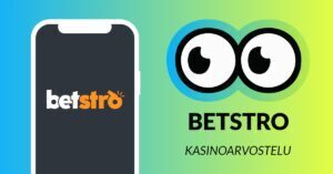 Kuvassa vasemmalla on älypuhelimen näytöllä Betstro Casinon logo, ja vasemmalla Slotsoon isot pyöreät pallosilmät, jotka katsovat älypuhelimen suuntaan. Silmien alla teksti: Betstro kasinoarvostelu. Kuvan tausta on raikkaan sini-vihreä.
