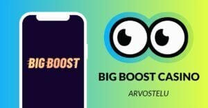 Kuvassa vasemmalla on älypuhelimen näytöllä Big Boost Casinon logo, ja vasemmalla Slotsoon isot pyöreät pallosilmät, jotka katsovat älypuhelimen suuntaan. Silmien alla teksti: Big Boost Casino arvostelu. Kuvan tausta on raikkaan sini-vihreä.
