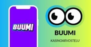 Kuvassa vasemmalla on älypuhelimen näytöllä Buumi Casinon logo, ja vasemmalla Slotsoon isot pyöreät pallosilmät, jotka katsovat älypuhelimen suuntaan. Silmien alla teksti: Buumi kasinoarvostelu. Kuvan tausta on raikkaan sini-vihreä.