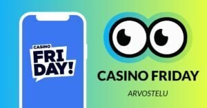 Kuvassa vasemmalla on älypuhelimen näytöllä Casino Fridayn logo, ja vasemmalla Slotsoon isot pyöreät pallosilmät, jotka katsovat älypuhelimen suuntaan. Silmien alla teksti: Casino Friday arvostelu. Kuvan tausta on raikkaan sini-vihreä.