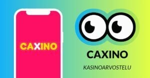 Kuvassa vasemmalla on älypuhelimen näytöllä Caxino Casinon logo, ja vasemmalla Slotsoon isot pyöreät pallosilmät, jotka katsovat älypuhelimen suuntaan. Silmien alla teksti: Caxino kasinoarvostelu. Kuvan tausta on raikkaan sini-vihreä.