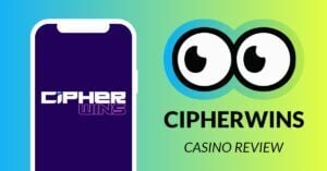 On the left side of the image there is a smartphone screen with CipherWins logo image. On the right side there are Slotsoo brand eyes and under the eyes text: CipherWins Casino Review