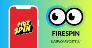Kuvassa vasemmalla on älypuhelimen näytöllä FireSpin Casinon logo, ja vasemmalla Slotsoon isot pyöreät pallosilmät, jotka katsovat älypuhelimen suuntaan. Silmien alla teksti: FireSpin kasinoarvostelu. Kuvan tausta on raikkaan sini-vihreä.
