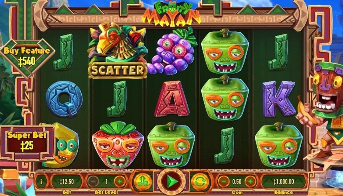 A still from Fruity Mayan, with colorful reels carved from wood and stone with carved fruit symbols on them.