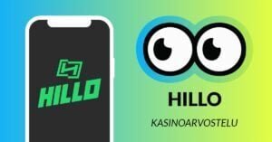 Kuvassa vasemmalla on älypuhelimen näytöllä Hillo Casinon kirkkaan vihreä logo, ja vasemmalla Slotsoon isot pyöreät pallosilmät, jotka katsovat älypuhelimen suuntaan. Silmien alla teksti: Hillo kasinoarvostelu. Kuvan tausta on raikkaan sini-vihreä.