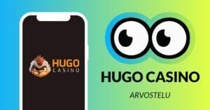 Kuvassa vasemmalla on älypuhelimen näytöllä Hugo Casinon logo, ja vasemmalla Slotsoon isot pyöreät pallosilmät, jotka katsovat älypuhelimen suuntaan. Silmien alla teksti: Hugo Casino arvostelu. Kuvan tausta on raikkaan sini-vihreä.