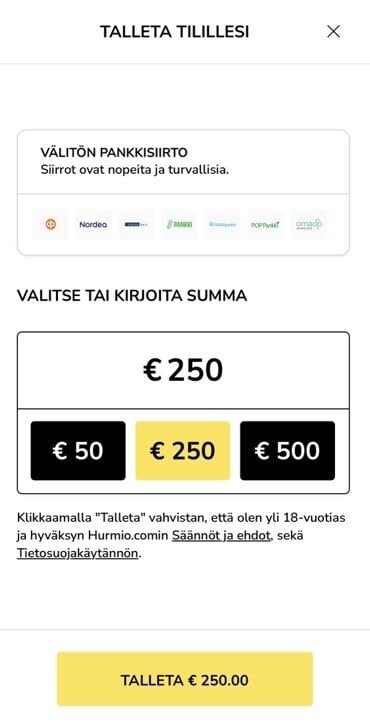 Kuvakaappaus Hurmio kasinon talletussivusta
