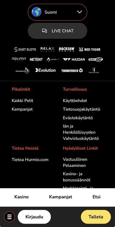Kuvakaappaus Hurmio Casinon pelivalmistajien listasta.