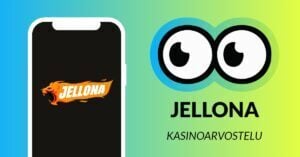 Kuvassa vasemmalla on älypuhelimen näytöllä Jellona Casinon logo, ja vasemmalla Slotsoon isot pyöreät pallosilmät, jotka katsovat älypuhelimen suuntaan. Silmien alla teksti: Jellona kasinoarvostelu. Kuvan tausta on raikkaan sini-vihreä.