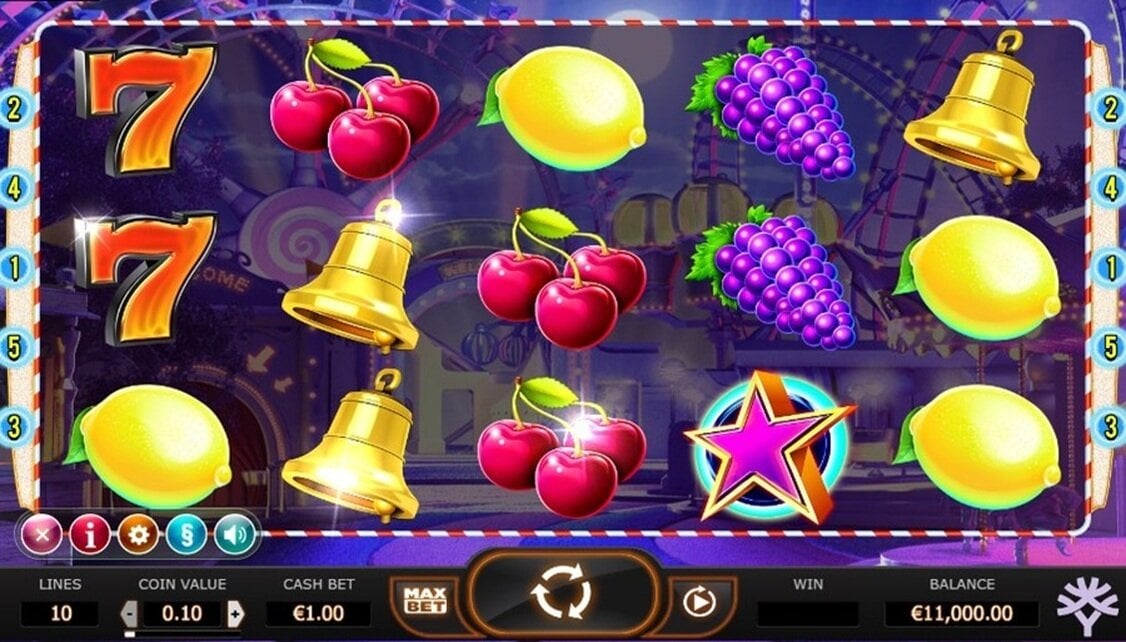 A still from Jokerizer with classic fruit, bell, and seven symbols in front of its fairground setting.
