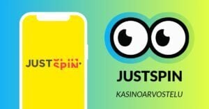 Kuvassa vasemmalla on älypuhelimen näytöllä JustSpin Casinon logo, ja vasemmalla Slotsoon isot pyöreät pallosilmät, jotka katsovat älypuhelimen suuntaan. Silmien alla teksti: JustSpin kasinoarvostelu. Kuvan tausta on raikkaan sini-vihreä.