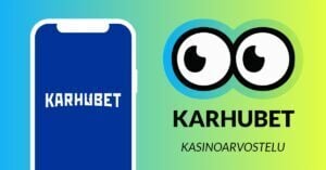 Kuvassa vasemmalla on älypuhelimen näytöllä Karhubet Casinon logo, ja vasemmalla Slotsoon isot pyöreät pallosilmät, jotka katsovat älypuhelimen suuntaan. Silmien alla teksti: Karhubet kasinoarvostelu. Kuvan tausta on raikkaan sini-vihreä.