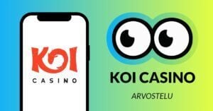 Kuvassa vasemmalla on älypuhelimen näytöllä Koi Casinon puna-musta logo, ja vasemmalla Slotsoon isot pyöreät pallosilmät, jotka katsovat älypuhelimen suuntaan. Silmien alla teksti: Koi Casino arvostelu. Kuvan tausta on raikkaan sini-vihreä.
