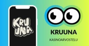Kuvassa vasemmalla on älypuhelimen näytöllä Kruuna Casinon logo, ja vasemmalla Slotsoon isot pyöreät pallosilmät, jotka katsovat älypuhelimen suuntaan. Silmien alla teksti: Kruuna kasinoarvostelu. Kuvan tausta on raikkaan sini-vihreä.