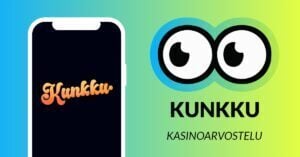 Kuvassa vasemmalla on älypuhelimen näytöllä Kunkku Casinon oranssi logo, ja vasemmalla Slotsoon isot pyöreät pallosilmät, jotka katsovat älypuhelimen suuntaan. Silmien alla teksti: Kunkku kasinoarvostelu. Kuvan tausta on raikkaan sini-vihreä.
