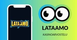 Kuvassa vasemmalla on älypuhelimen näytöllä Lataamo Casinon sähköinen logo, ja vasemmalla Slotsoon isot pyöreät pallosilmät, jotka katsovat älypuhelimen suuntaan. Silmien alla teksti: Lataamo kasinoarvostelu. Kuvan tausta on raikkaan sini-vihreä.