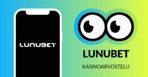 Kuvassa vasemmalla on älypuhelimen näytöllä Lunubet Casinon logo, ja vasemmalla Slotsoon isot pyöreät pallosilmät, jotka katsovat älypuhelimen suuntaan. Silmien alla teksti: Lunubet kasinoarvostelu. Kuvan tausta on raikkaan sini-vihreä.