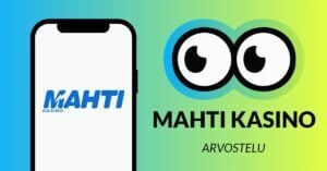 Kuvassa vasemmalla on älypuhelimen näytöllä Mahti Kasinon sini-valkoinen logo, ja vasemmalla Slotsoon isot pyöreät pallosilmät, jotka katsovat älypuhelimen suuntaan. Silmien alla teksti: Mahti Kasino arvostelu. Kuvan tausta on raikkaan sini-vihreä.