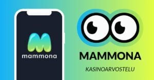 Kuvassa vasemmalla on älypuhelimen näytöllä Mammona Casinon sini-vihreä logo, ja vasemmalla Slotsoon isot pyöreät pallosilmät, jotka katsovat älypuhelimen suuntaan. Silmien alla teksti: Mammona kasinoarvostelu. Kuvan tausta on samanvärinen kuin Mammonan logo.