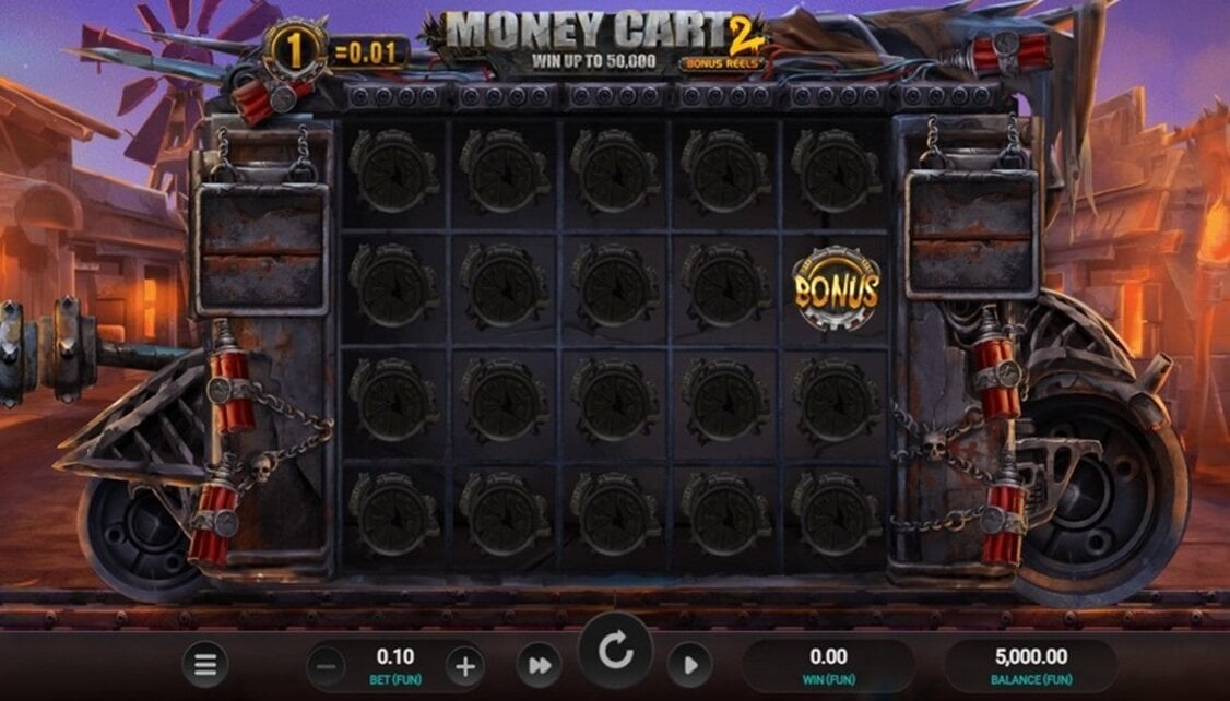 A still from Money Cart 2, showing its train carriage reels full of blank symbols and the occasional bonus symbol.