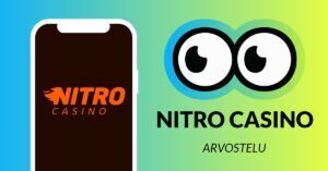 Kuvassa vasemmalla on älypuhelimen näytöllä Nitro Casinon liekehtivä logo, ja vasemmalla Slotsoon isot pyöreät pallosilmät, jotka katsovat älypuhelimen suuntaan. Silmien alla teksti: Nitro Casino arvostelu. Kuvan tausta on raikkaan sini-vihreä.