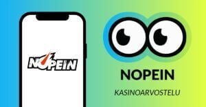 Kuvassa vasemmalla on älypuhelimen näytöllä Nopein Casinon logo, ja vasemmalla Slotsoon isot pyöreät pallosilmät, jotka katsovat älypuhelimen suuntaan. Silmien alla teksti: Nopein kasinoarvostelu. Kuvan tausta on raikkaan sini-vihreä.