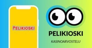 Kuvassa vasemmalla on älypuhelimen näytöllä Pelikioski Casinon värikäs logo, ja vasemmalla Slotsoon isot pyöreät pallosilmät, jotka katsovat älypuhelimen suuntaan. Silmien alla teksti: Pelikioski kasinoarvostelu. Kuvan tausta on raikkaan sini-vihreä.
