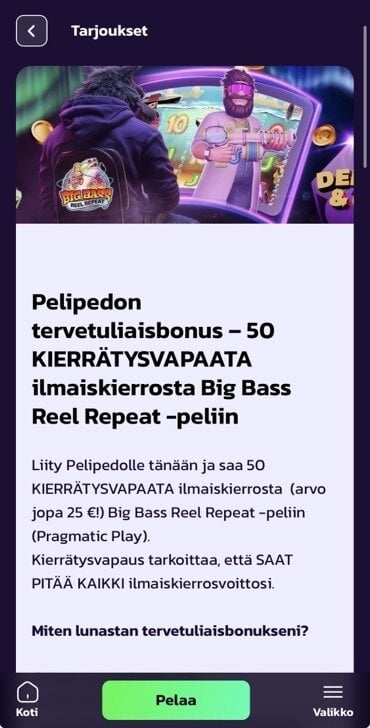 Kuvakaappauksessa näkyy Pelipeto-kasinon tervetulobonuksen esittely