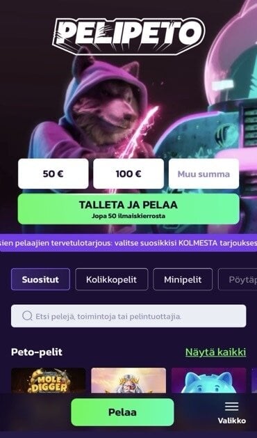 Kuvakaappaus Pelipeto kasinon mobiiliaulasta. Violetin-vihreää pikakasinoa vartioi huppupäinen susi.