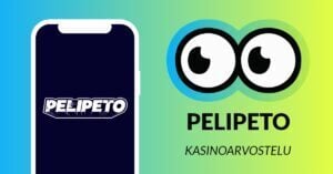 PeliPeto kasinoarvostelun kuvassa suuret Slotsoon silmät katsovat vasemmalle älypuhelimen ruudulle, jossa näkyy Pelipeto kasinon logo
