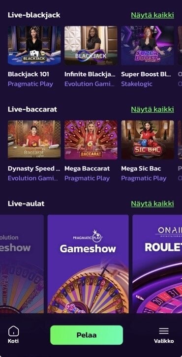 Kuvakaappaus Pelipeto casinon livekasinosta
