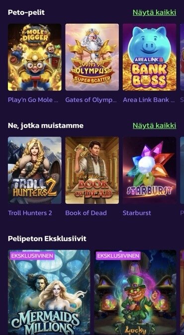 Kuvakaappaus Pelipeto-kasinon peleistä
