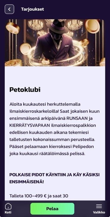 Kuvakaappaus Pelipeto Casinon petoklubista eli asiakkuusohjelmasta