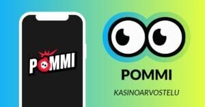 Kuvassa vasemmalla on älypuhelimen näytöllä Pommi Casinon logo, jossa o-kirjaimen paikalla on punainen räjähtävä pommi. Vasemmalla kuvassa on Slotsoon isot pyöreät pallosilmät, jotka katsovat älypuhelimen suuntaan. Silmien alla teksti: Pommi kasinoarvostelu. Kuvan tausta on raikkaan sini-vihreä.