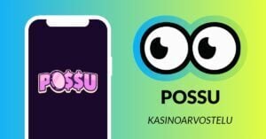 Kuvassa vasemmalla on älypuhelimen näytöllä Possu Casinon pinkki logo, ja vasemmalla Slotsoon isot pyöreät pallosilmät, jotka katsovat älypuhelimen suuntaan. Silmien alla teksti: Possu kasinoarvostelu. Kuvan tausta on raikkaan sini-vihreä.