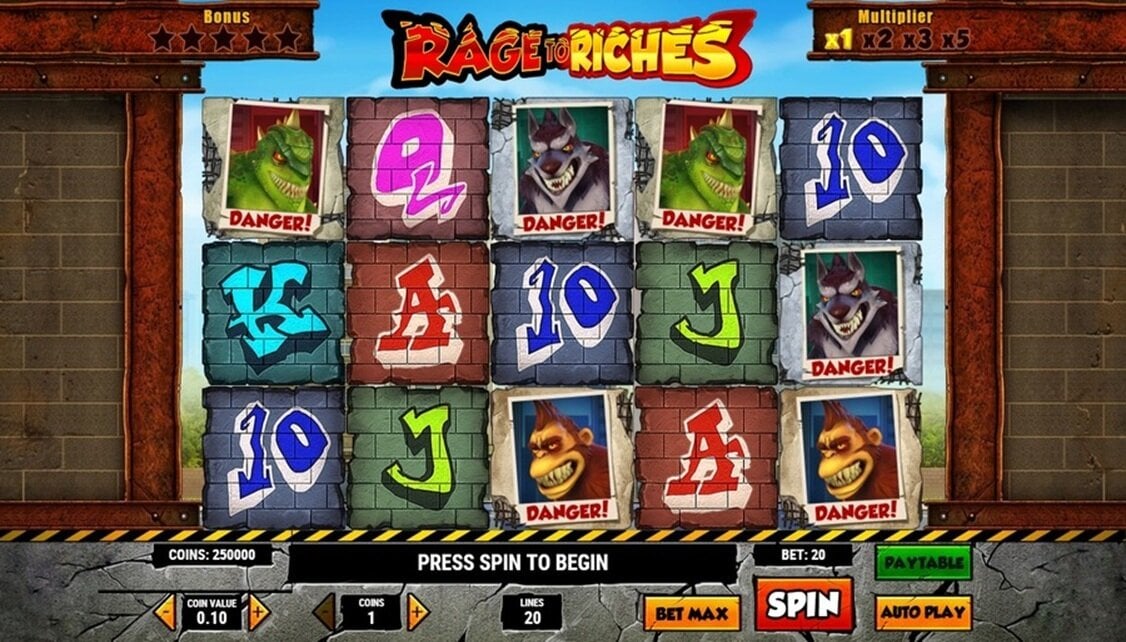 A still from Rage to Riches, set against a giant brick wall where each symbol is a block of stone that breaks during wins.