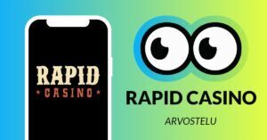 Kuvassa vasemmalla on älypuhelimen näytöllä Rapid Casinon logo, ja vasemmalla Slotsoon isot pyöreät pallosilmät, jotka katsovat älypuhelimen suuntaan. Silmien alla teksti: Rapid Casino arvostelu. Kuvan tausta on raikkaan sini-vihreä.