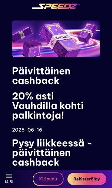 Kuvakaappaus Speedz kasinon cashback tarjouksesta