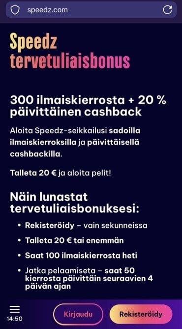 Kuvakaappaus Speedz kasinontervetulotarjouksesta