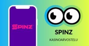 Kuvassa vasemmalla Spinz Casinon pinkki logo älypuhelimen näytöllä, ja vasemmalla Slotsoon isot pyöreät pallosilmät, jotka katsovat älypuhelimen suuntaan. Silmien alla teksti: Spinz kasinoarvostelu. Kuvan tausta on raikkaan sini-vihreä.