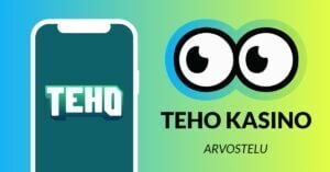 Kuvassa vasemmalla on Teho Casinon logo älypuhelimen näytöllä, ja vasemmalla Slotsoon isot pyöreät pallosilmät, jotka katsovat älypuhelimen suuntaan. Silmien alla teksti: Teho Kasino arvostelu. Kuvan tausta on raikkaan sini-vihreä.
