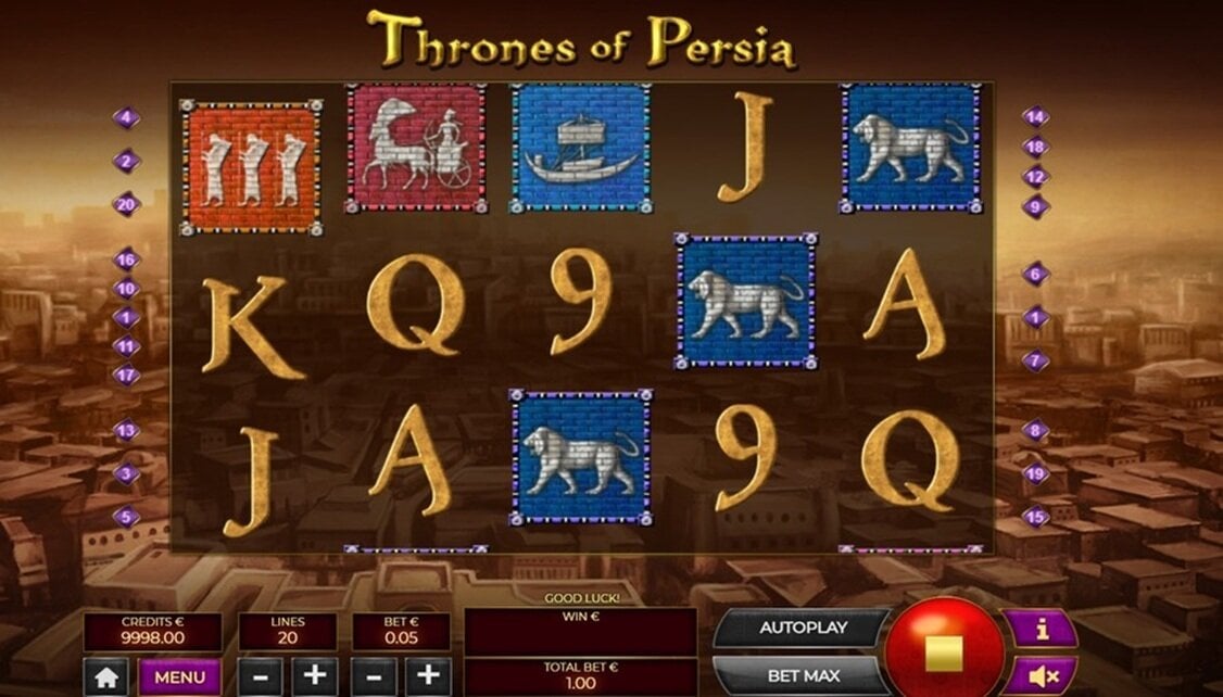 A still from Thrones of Persia, with its reels suspended high above the dense Persian cityscape.
