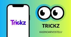 Kuvassa vasemmalla Trickz Casinon liila logo älypuhelimen näytöllä, ja vasemmalla Slotsoon isot pyöreät pallosilmät, jotka katsovat älypuhelimen suuntaan. Silmien alla teksti: Trickz kasinoarvostelu. Kuvan tausta on raikkaan sini-vihreä.