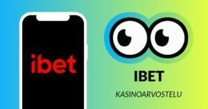 Kuvassa vasemmalla on älypuhelimen näytöllä iBet Casinon punainen logo, ja vasemmalla Slotsoon isot pyöreät pallosilmät, jotka katsovat älypuhelimen suuntaan. Silmien alla teksti: iBet kasinoarvostelu. Kuvan tausta on raikkaan sini-vihreä.
